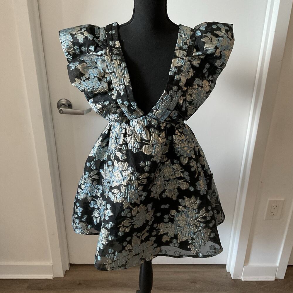 Lulus Floral Jacquard Fit & Flare Dress S Black Blue V-Neck Lace-Up Back